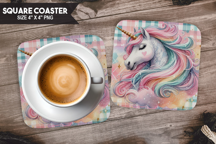 Unicorn, Fantasy   Whimsy, Buffalo Plaid Square Coaster PNG