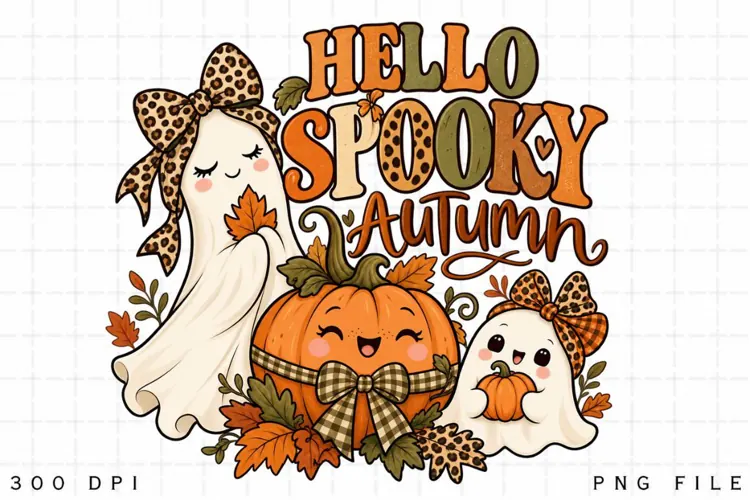 Hello Spooky Autumn PNG, Cute Ghost and Pumpkin Fall