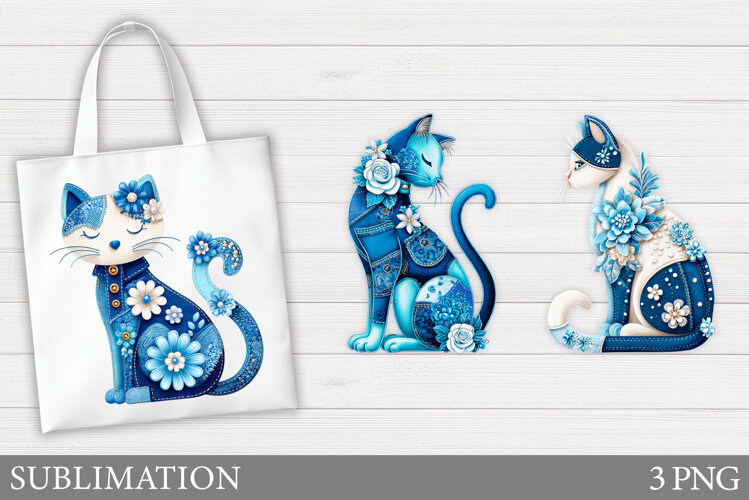Denim Cat Sublimation. Cute Cat Tote Bag Design example image 1