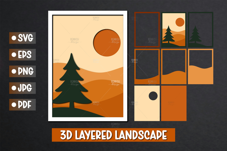 3D Layered Forest Sunset Scene Papercut SVG Design