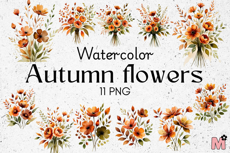 Watercolor Autumn Flowers PNG Bundle |Fall Floral Clip art