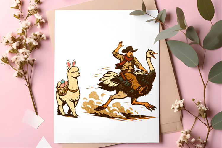 Funny Cowboy Riding Ostrich Chasing Easter Llama With Eggs