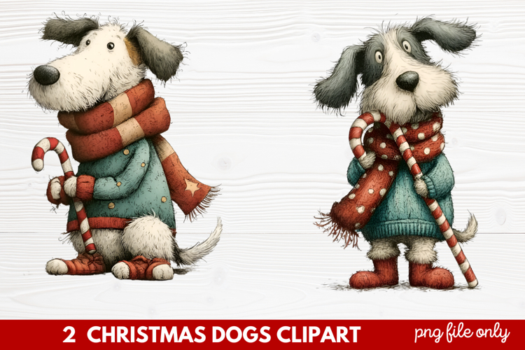 2 Christmas Dogs Clipart | Cute Holiday Puppy PNG Illustrati