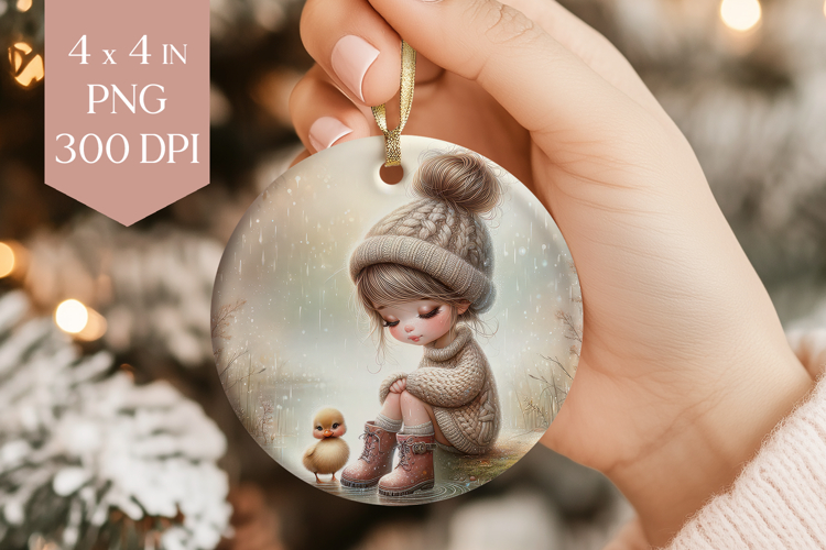 Rainy Day Girl and Duck Ornament PNG