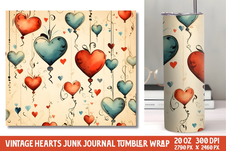 Vintage Hearts Junk Journal Tumbler Wrap