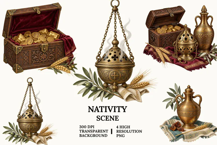 Nativity Scene Clipart with Manger, Lantern, Sheep and Ox