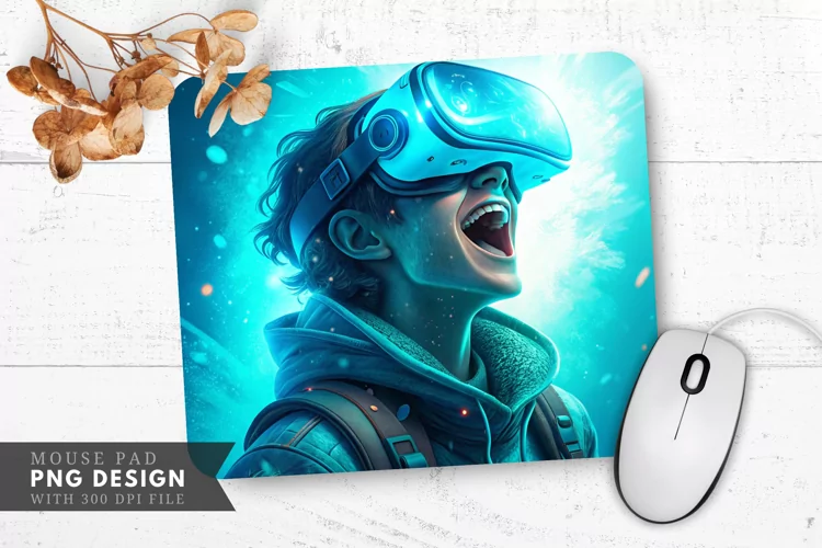 Enthusiastic VR Character with Glowing Lenses Mouse Pad PNG