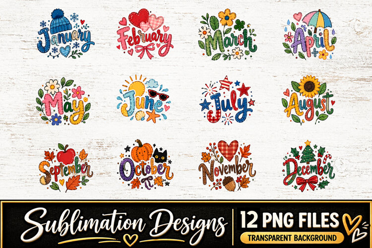Monthly Lettering Clipart Sublimation PNG example image 1