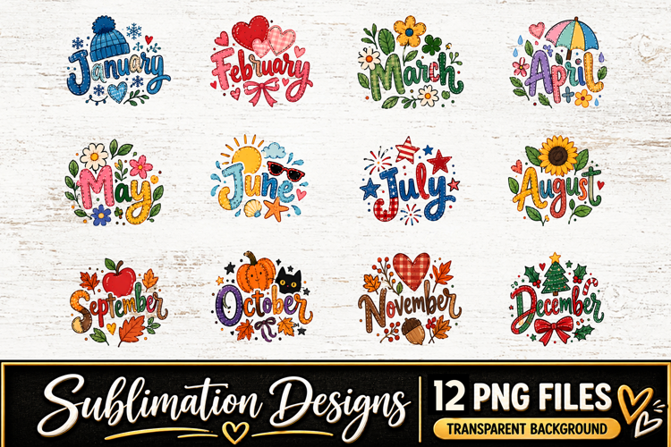 Monthly Lettering Clipart Sublimation PNG