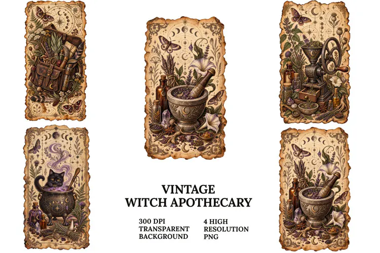 Vintage Witch Apothecary PNG Gothic Botanical Sublimation