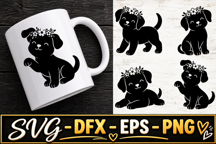 Floral Black Puppy Cute Dog Animal SVG PNG