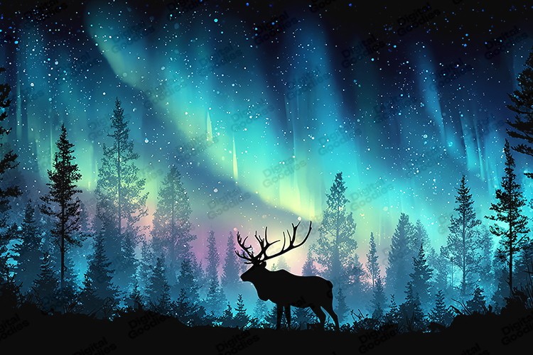 Majestic Deer Silhouette with Northern Lights Background