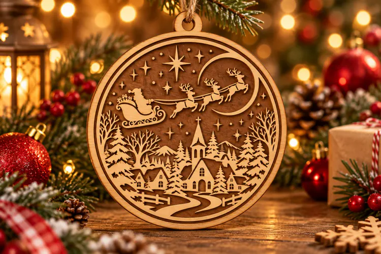 Santa Sleigh Christmas Village Wooden Ornament PNG Laser Cut