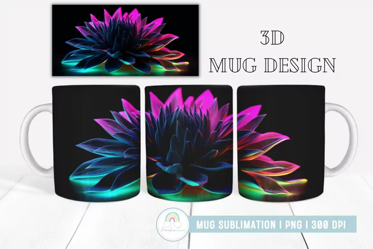 3D Neon Rainbow Flowers Mug Sublimation I 3D Mug Wrap