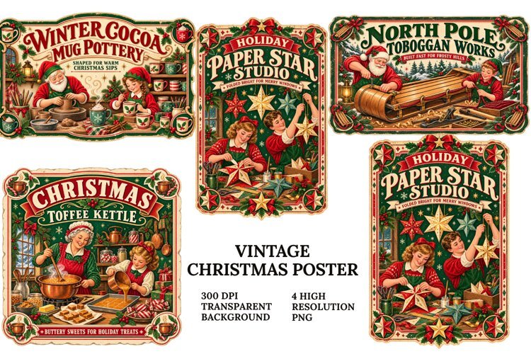 Vintage Christmas Poster PNG Retro Holiday Sublimation Craft example image 1