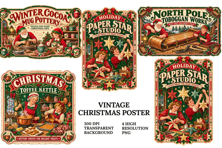 Vintage Christmas Poster PNG Retro Holiday Sublimation Craft