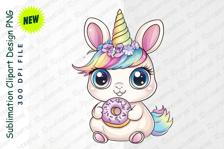 Adorable Bunny Unicorn Clipart With Rainbow Mane PNG