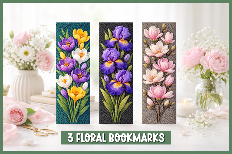 Floral punch needle bookmarks with embroidered flowers