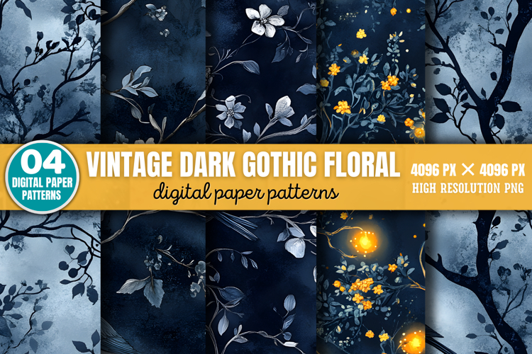 Vintage Dark Gothic Floral Digital Paper Background PNG