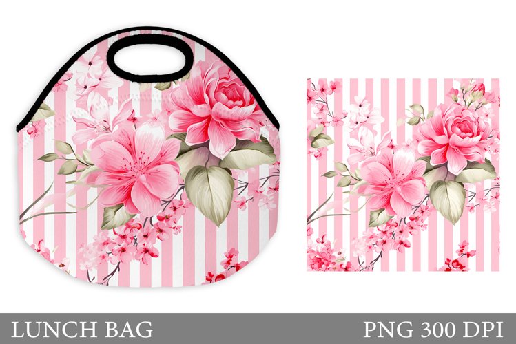 Flowers Lunch Bag Sublimation. Floral and Stripes Lunch Bag example image 1
