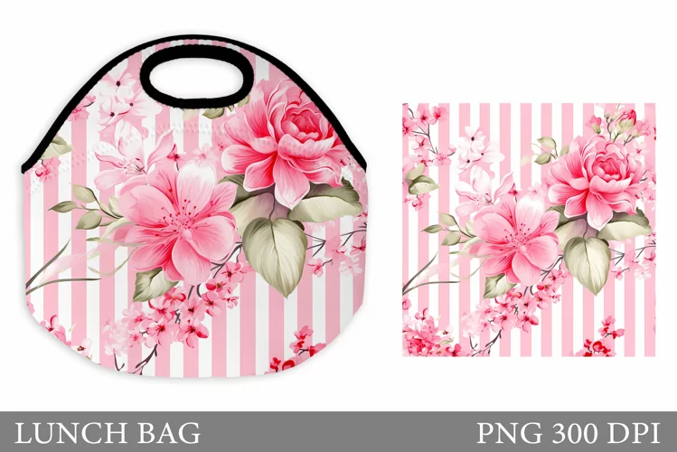 Flowers Lunch Bag Sublimation. Floral and Stripes Lunch Bag