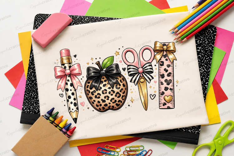 Cute Leopard School Supplies Clipart PNG,Pencil, Apple,