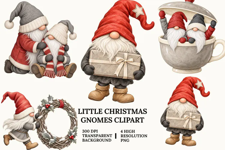 Little Christmas Gnome Clipart with Lights, Ornaments and Be