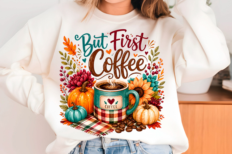 But First Coffee PNG Cozy Fall Pumpkin Sublimation