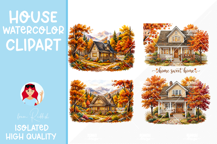 4 Cozy Watercolor House Clipart