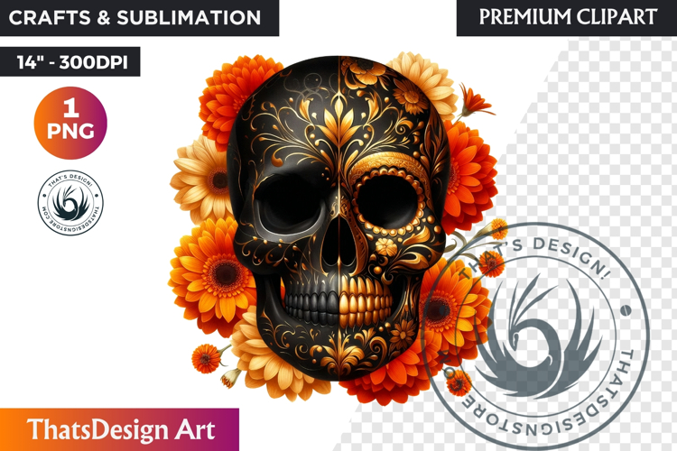 Floral Black Gold Sugar Skull dia de muertos Clipart PNG