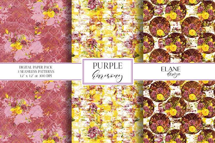 Floral Seamless Digital Paper, Yellow Purple Ranunculus
