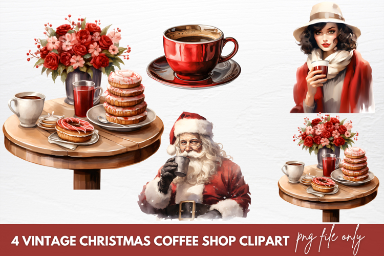 Vintage Christmas Coffee Shop Clipart Sublimation