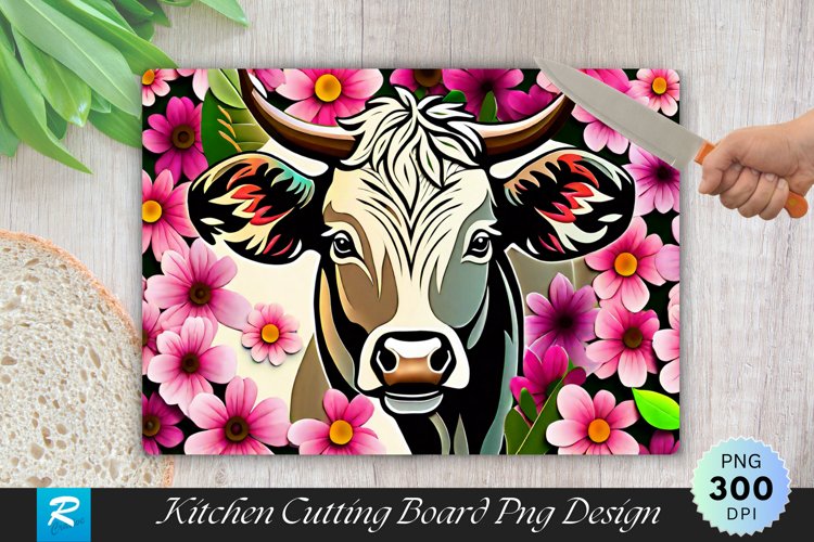 Cow With Flowers Cutting Board Sublimation Design example image 1