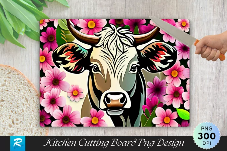 Cow With Flowers Cutting Board Sublimation Design