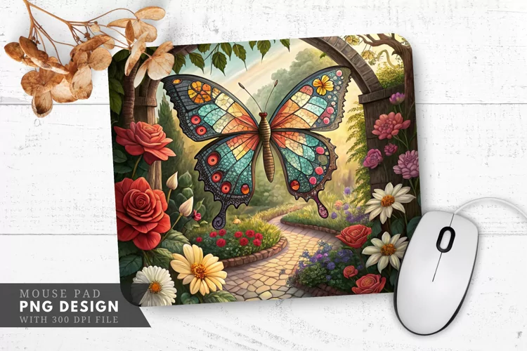Butterfly Bloom Mosaic Art Mouse Pad PNG Design