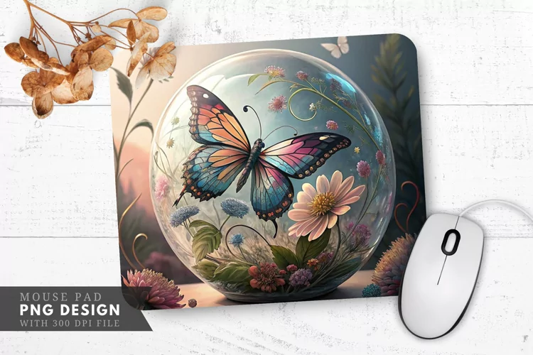 Butterfly and Floral Glass Art Mouse Pad PNG Design