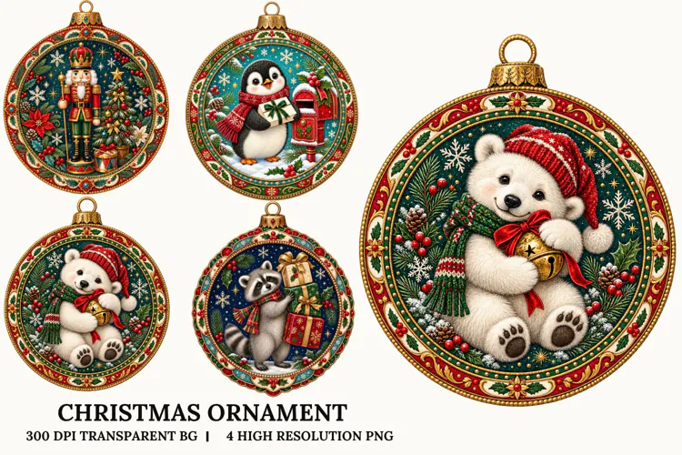 Christmas Ornament PNG Cute Woodland Animals Sublimation Art