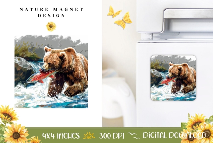 Cartoon Bear Magnet PNG, Fish Magnet Template