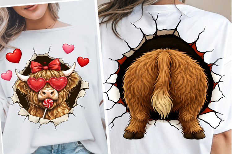 Cute Valentine Highland Cow Front and Back PNG, Valentine