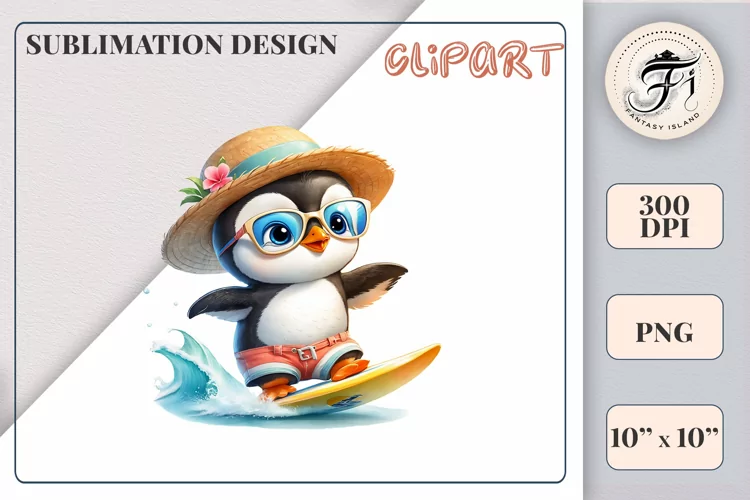 Cute Penguin Surfer Cartoon| Sublimation Design| Ocean | PNG