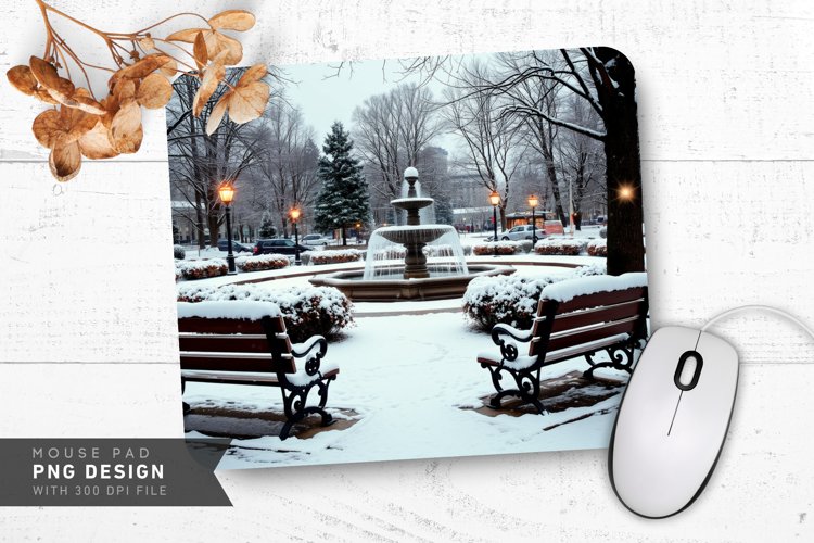 Serene Winter Lake with Snow Covered Banks Mouse Pad PNG