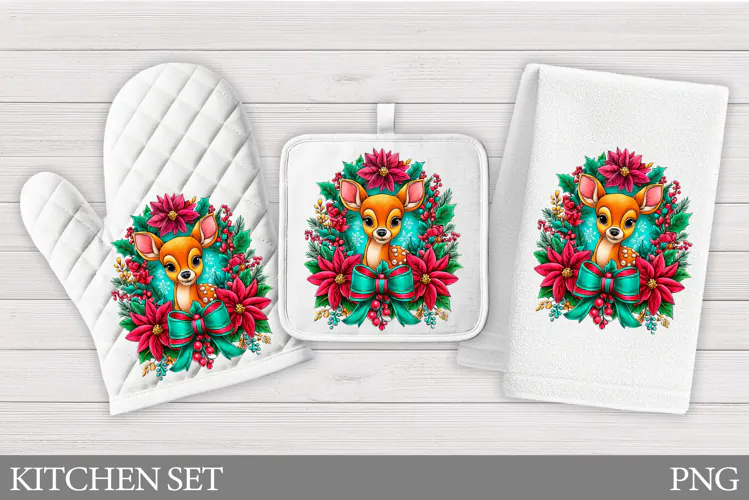 Christmas Deer Oven Mitt. Christmas Deer Kitchen Towel