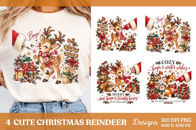 4 Christmas Reindeer Shirt PNG Designs, 4 Cute Reindeer Chri example image 1