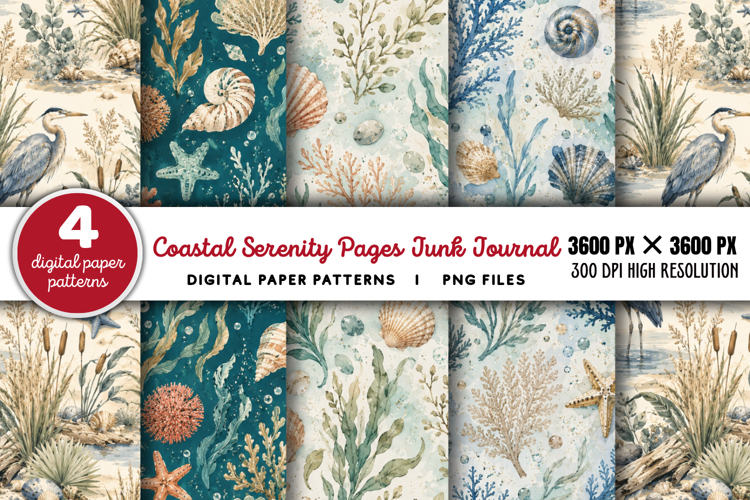 Coastal Serenity Junk Journal Pages PNG