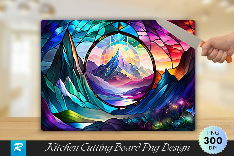 Cave Mountains Stained Glass Cutting Board PNG Design example image 1