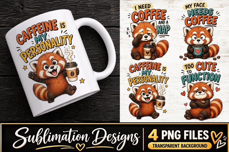 Cute Red Panda Coffee Clipart Sublimation PNG example image 1