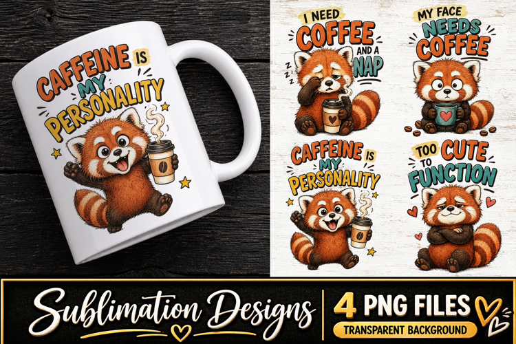 Cute Red Panda Coffee Clipart Sublimation PNG