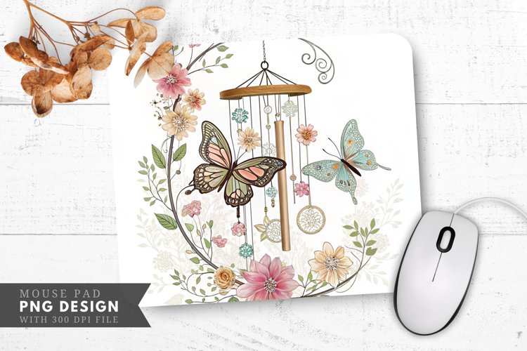 Butterfly Blossom Wind Chime Mouse Pad PNG Design