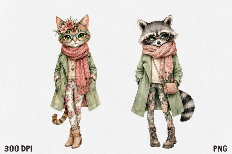 Cute Cottagecore Animal Watercolor Clipart PNG