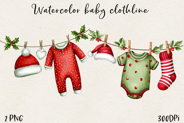 Watercolor Christmas Baby Clothesline Clipart PNG
